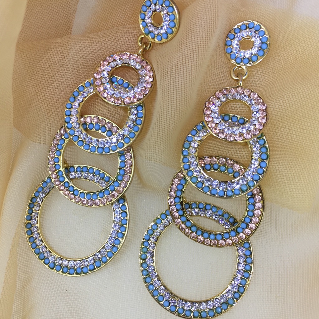 Layered Circle Dangle Earrings, Pink Blue Gold